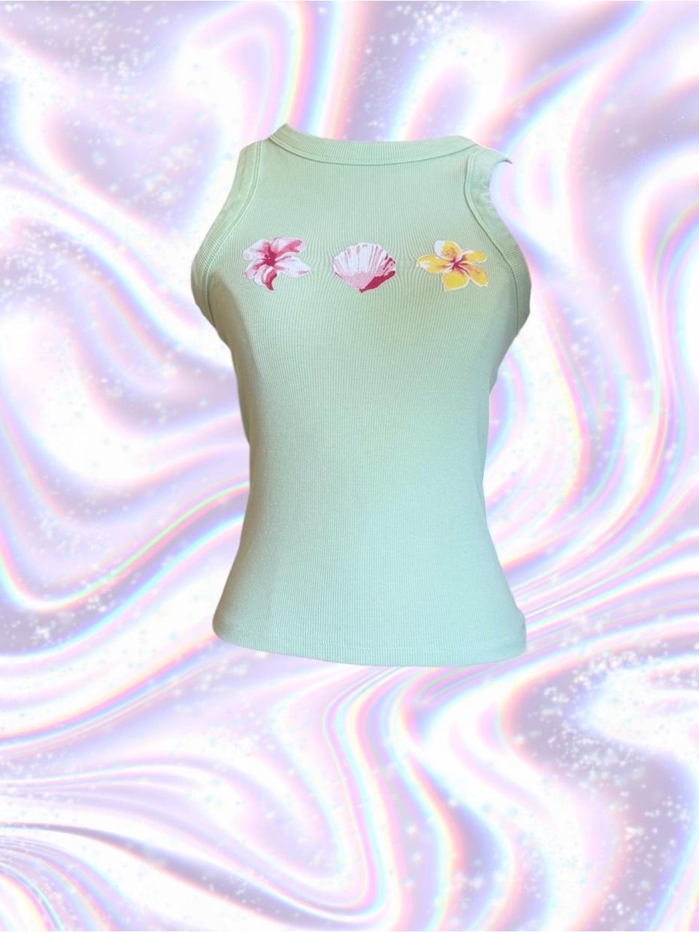Mint Ribbed Tank Top with Floral & Shell Appliqués